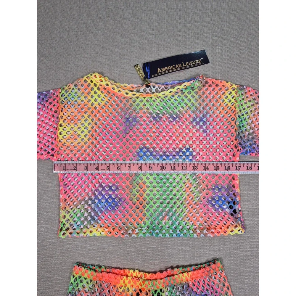 American Leisure Rainbow Tie Dye Mesh 2 Piece Set Crop Top Shorts XL New
